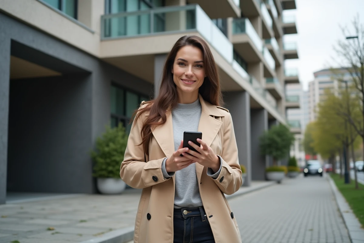 Femme devant un immeuble résidentiel consultant une application d'investissement immobilier participatif sur smartphone