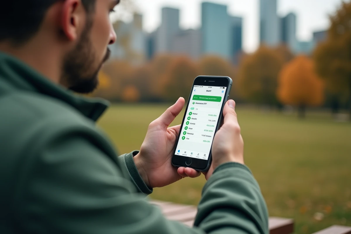 Jeune investisseur consultant une application mobile listant des ETF durables dans un parc urbain