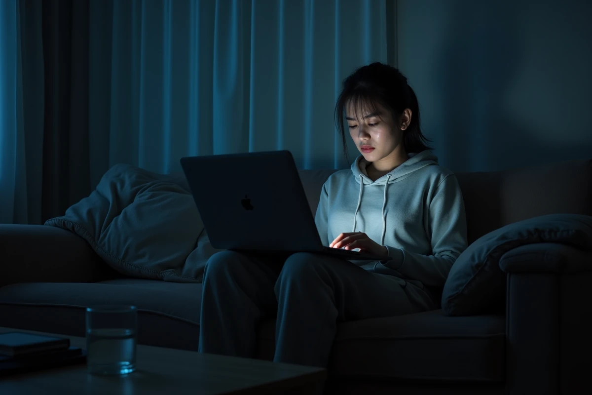 Personne isolée travaillant depuis son canapé avec un ordinateur portable, illustrant la solitude et le manque de séparation entre vie professionnelle et personnelle en télétravail