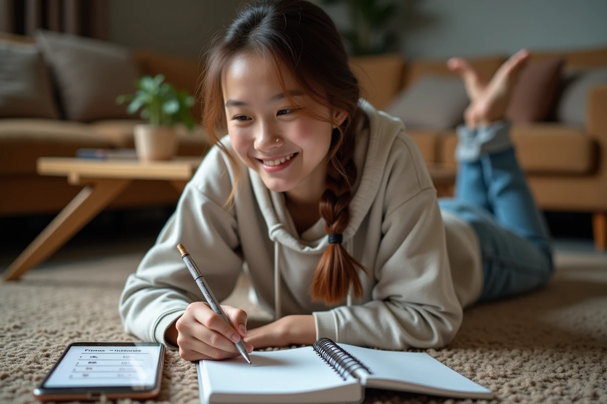 Jeune femme allongée sur un tapis avec un carnet de mots de cinq lettres et son téléphone affichant une partie de Wordle en cours