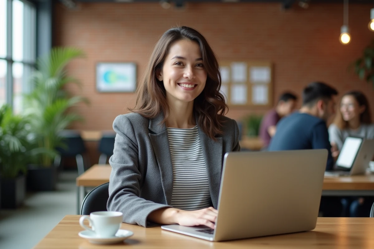 Jeune femme travaillant sur ordinateur portable dans un espace de coworking, symbolisant les métiers aux horaires fixes et l'équilibre vie professionnelle