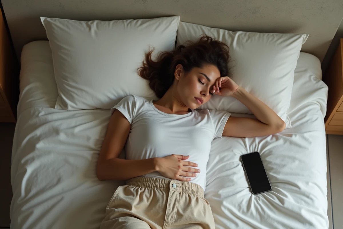 Jeune femme allongée habillée sur son lit les yeux cachés, symbolisant l'épuisement et les effets des ondes négatives sur le bien-être