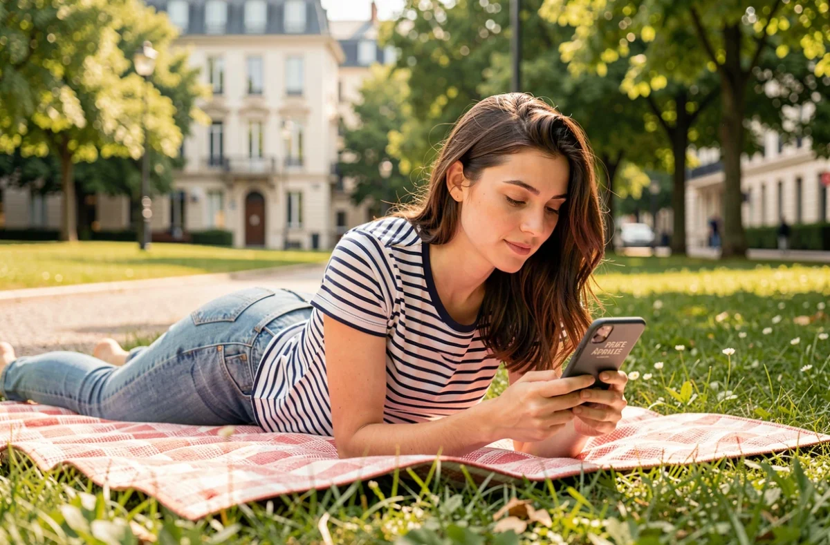 Jeune femme lisant des livres numériques en français sur smartphone allongée dans un parc urbain par beau temps