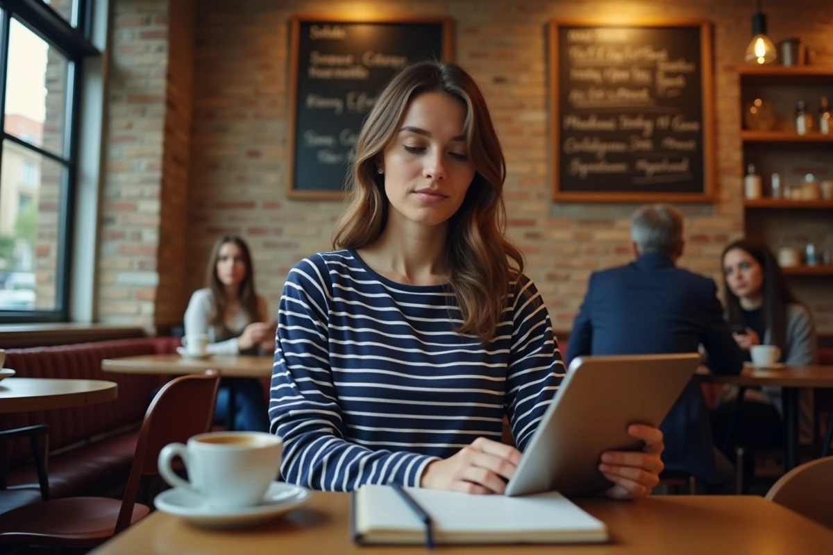 Jeune femme prenant des notes sur la précision de DeepL pour le français dans un café parisien