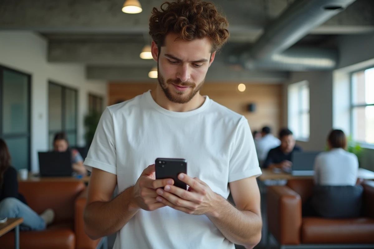 Jeune homme naviguant sur une interface utilisateur mobile dans un espace de coworking contemporain