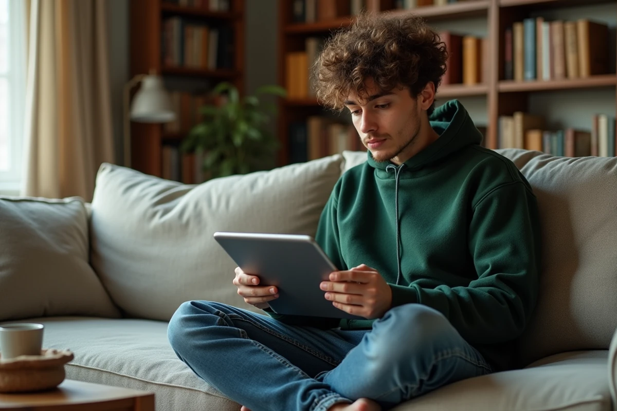Jeune personne explorant un chat basé sur un LLM sur une tablette dans un salon cosy