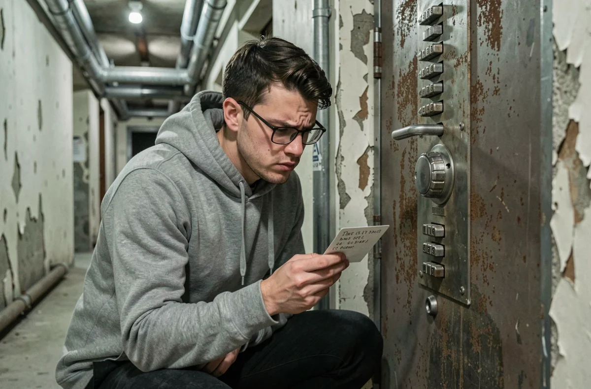 Joueur seul tentant d'ouvrir un cadenas à combinaison sur une porte d'escape room