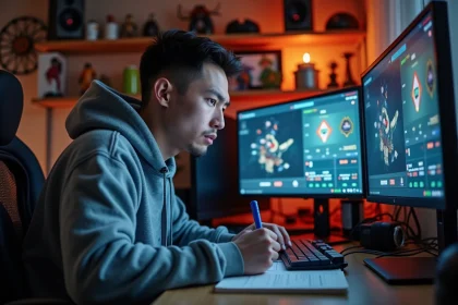 Joueur de TFT analysant la méta d'un patch sur double écran avec des notes manuscrites
