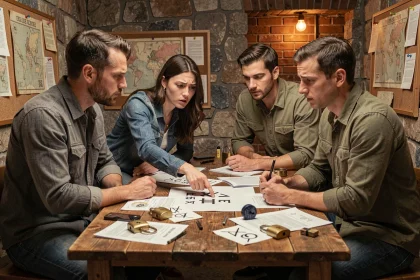 Groupe de joueurs concentrés autour d'une table d'escape room analysant des indices et des cadenas