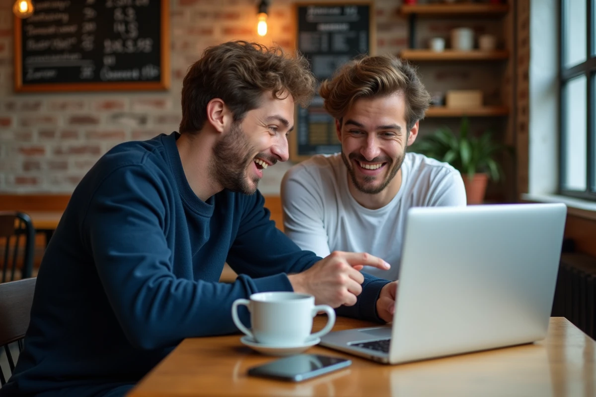 Deux joueurs TFT discutant de la méta d'un patch autour d'un ordinateur portable dans un café