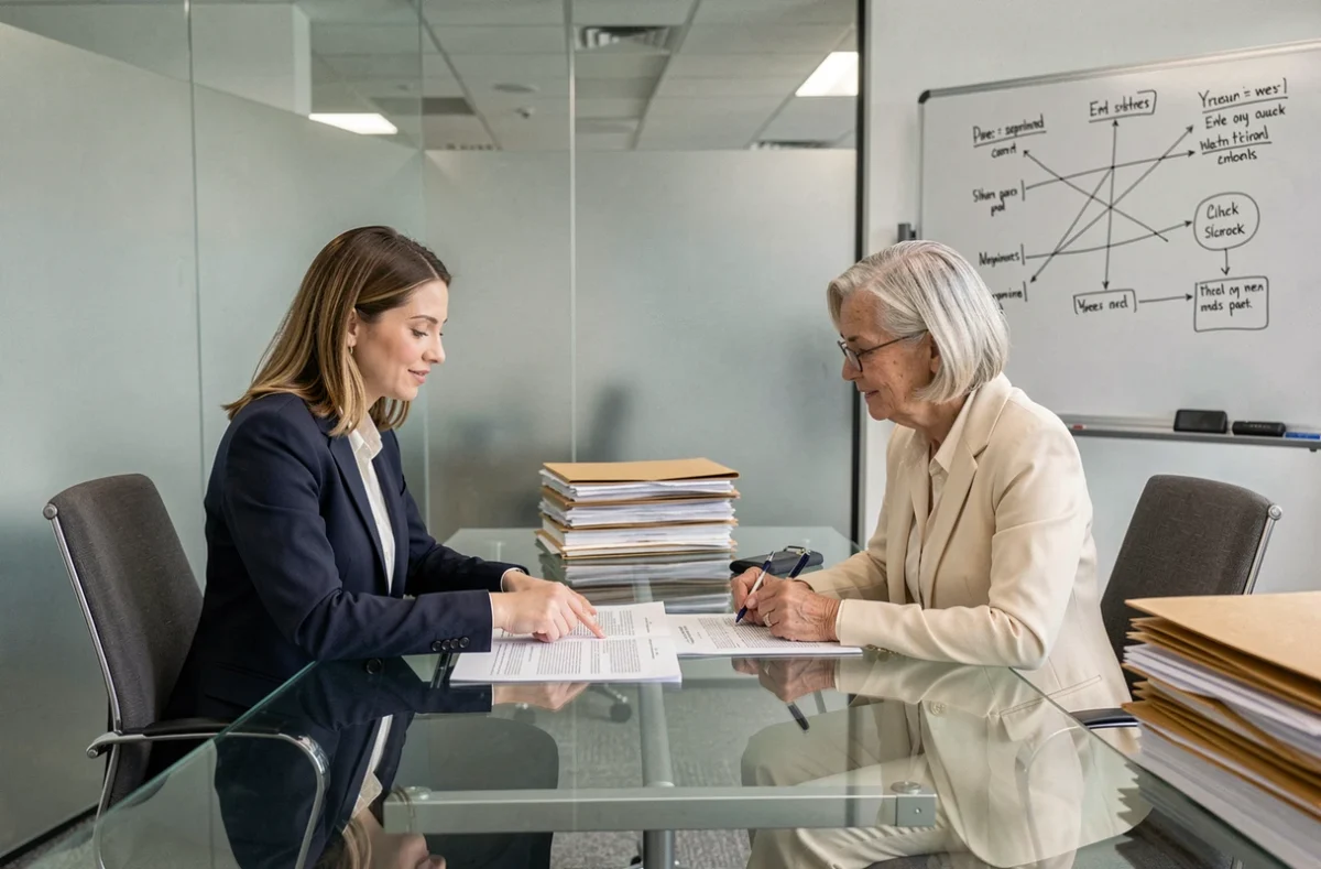 Deux juristes analysant des documents contractuels liés à la caducité selon les articles 1186 et 1187 du code civil