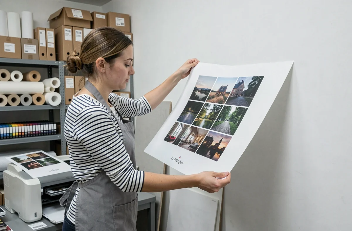 Technicienne examinant un grand tirage photo dans un studio de production artisanale à Rennes – La Fabrique