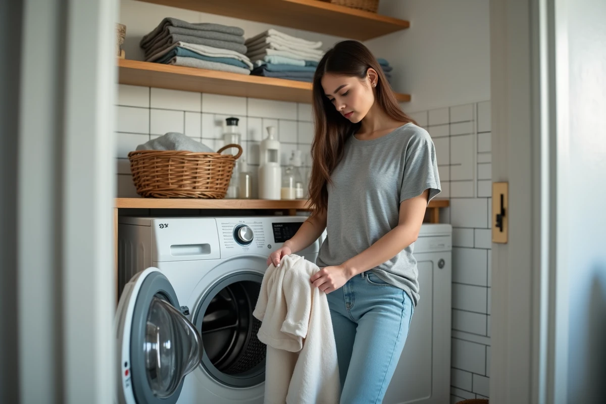 Jeune femme lavant des vêtements d'occasion en machine à laver à domicile pour des raisons d'hygiène