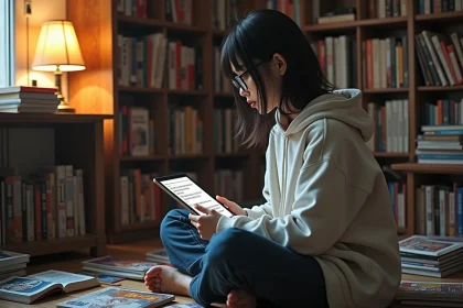 Jeune femme lisant un manga en version française sur tablette entourée de volumes manga dans une chambre d'otaku