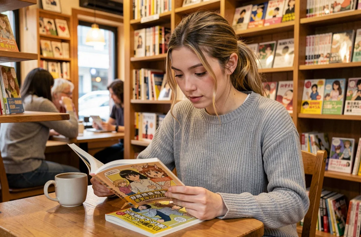 Jeune femme lisant un manga Naruto dans un café-librairie avec des étagères de livres en arrière-plan