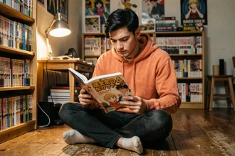 Jeune homme lisant un tome de manga Naruto dans une chambre entourée de volumes empilés sur des étagères