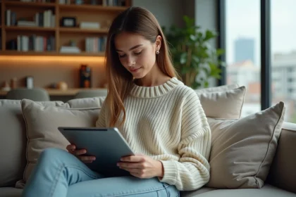 Jeune femme lisant un manga numérique sur une tablette dans un appartement cosy, alternative à Epsilon Scan