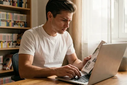 Jeune homme lisant des scans de manga One Punch Man sur un ordinateur portable à son bureau à domicile