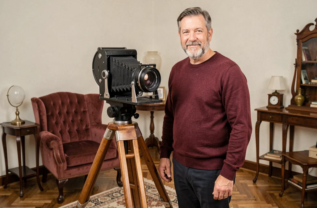Photographe portraitiste aux côtés d'un appareil grand format sur trépied dans un studio portrait classique à Rennes – Lentz Patrice