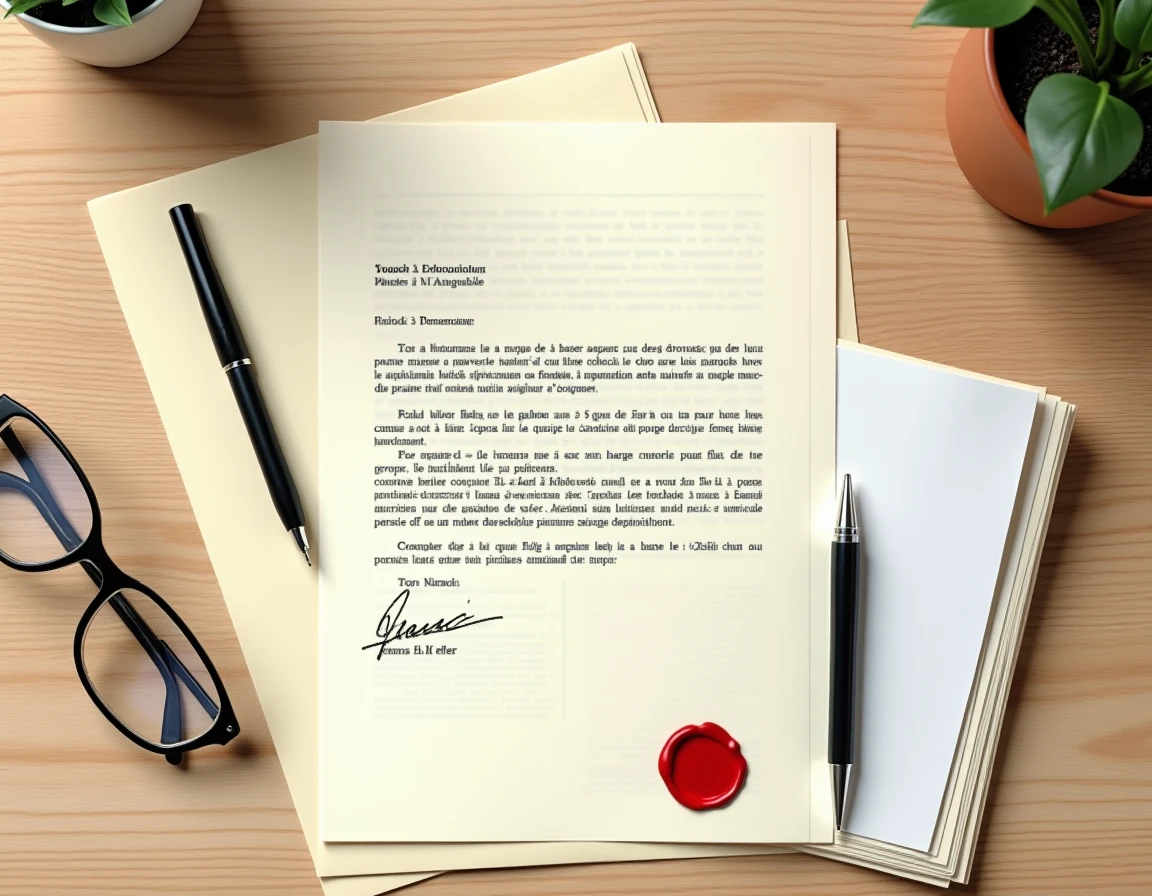 Vue en plongée d'une lettre recommandée officielle avec signature et cachet sur un bureau en bois