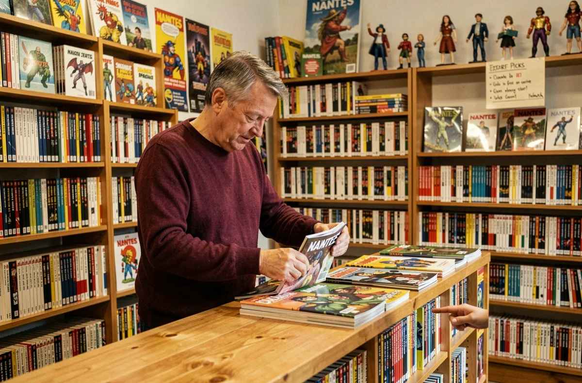 Libraire de la librairie Aladin à Nantes emballant soigneusement un album de bande dessinée pour un client au comptoir