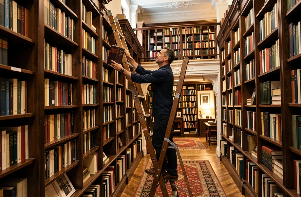 Libraire de la librairie Coiffard à Nantes cherchant un livre sur une échelle coulissante devant de hautes étagères en bois sombre