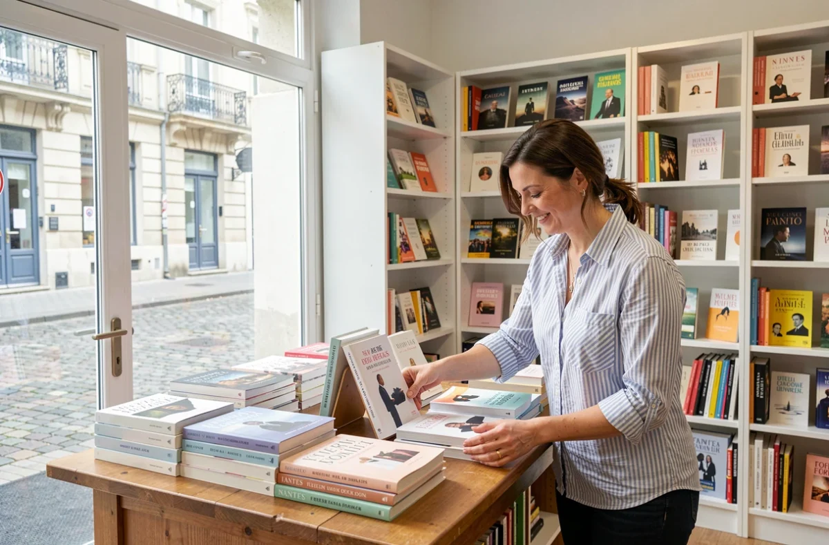 Employée de la librairie Durance à Nantes arrangeant une table de nouveautés devant une vitrine donnant sur une rue pavée