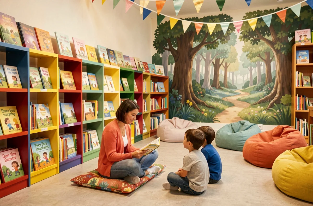 Libraire des Enfants Terribles à Nantes lisant un album illustré à voix haute pour deux jeunes enfants assis sur des coussins dans un coin lecture coloré