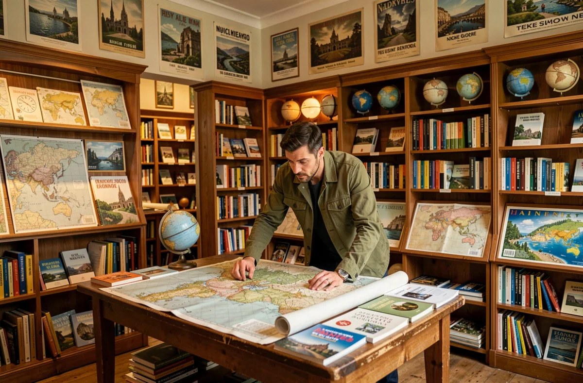 Client de La Géothèque à Nantes consultant une grande carte topographique dépliée entouré de guides de voyage et de mappemondes