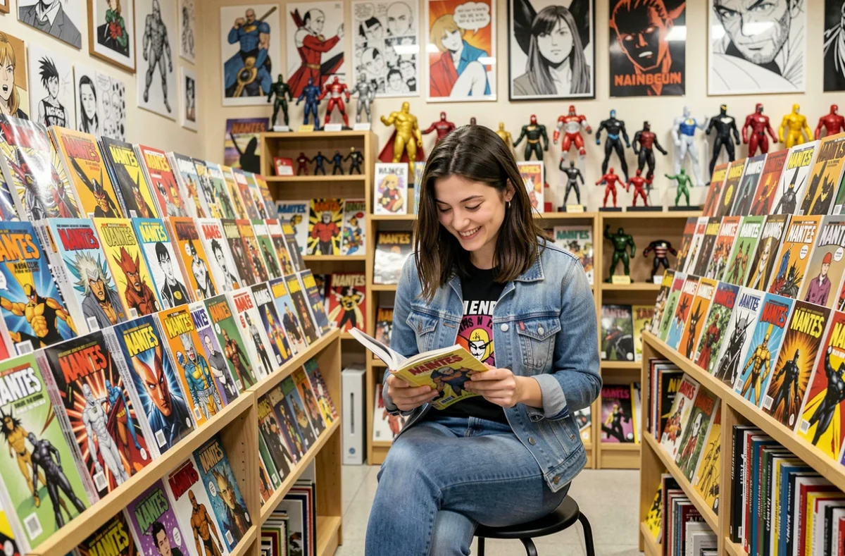 Jeune femme lisant un manga à La Mystérieuse Librairie Nantaise à Nantes, entourée d'étagères de bandes dessinées et d'illustrations originales