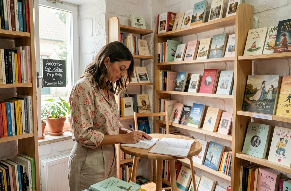 Libraire de Plume et Fabulettes à Ancenis-Saint-Géréon rédigeant des coups de cœur manuscrits dans sa petite librairie indépendante lumineuse