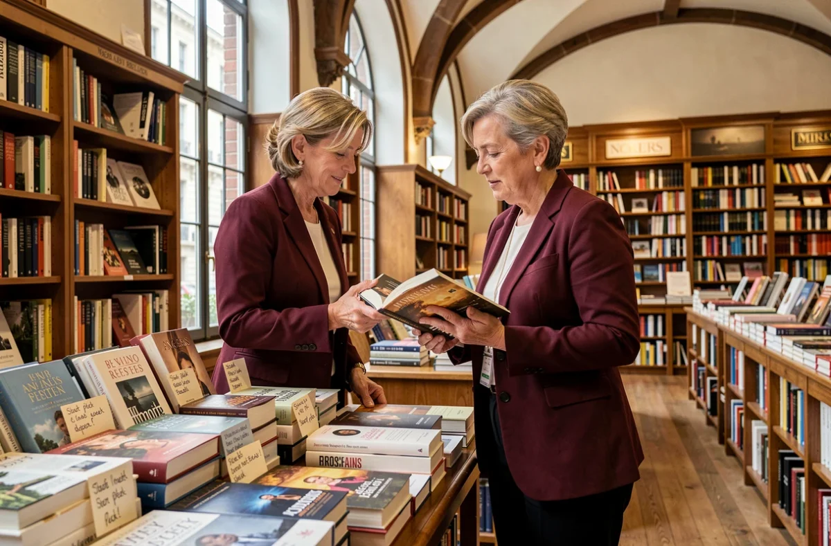 Libraire de la librairie Richer à Angers conseillant un client devant une table de nouveautés dans une librairie généraliste aux hauts plafonds