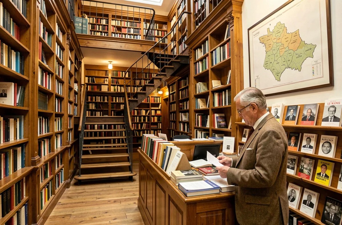 Libraire de la librairie Thuard au Mans consultant une liste de commandes au bureau d'information dans une librairie généraliste à double niveau