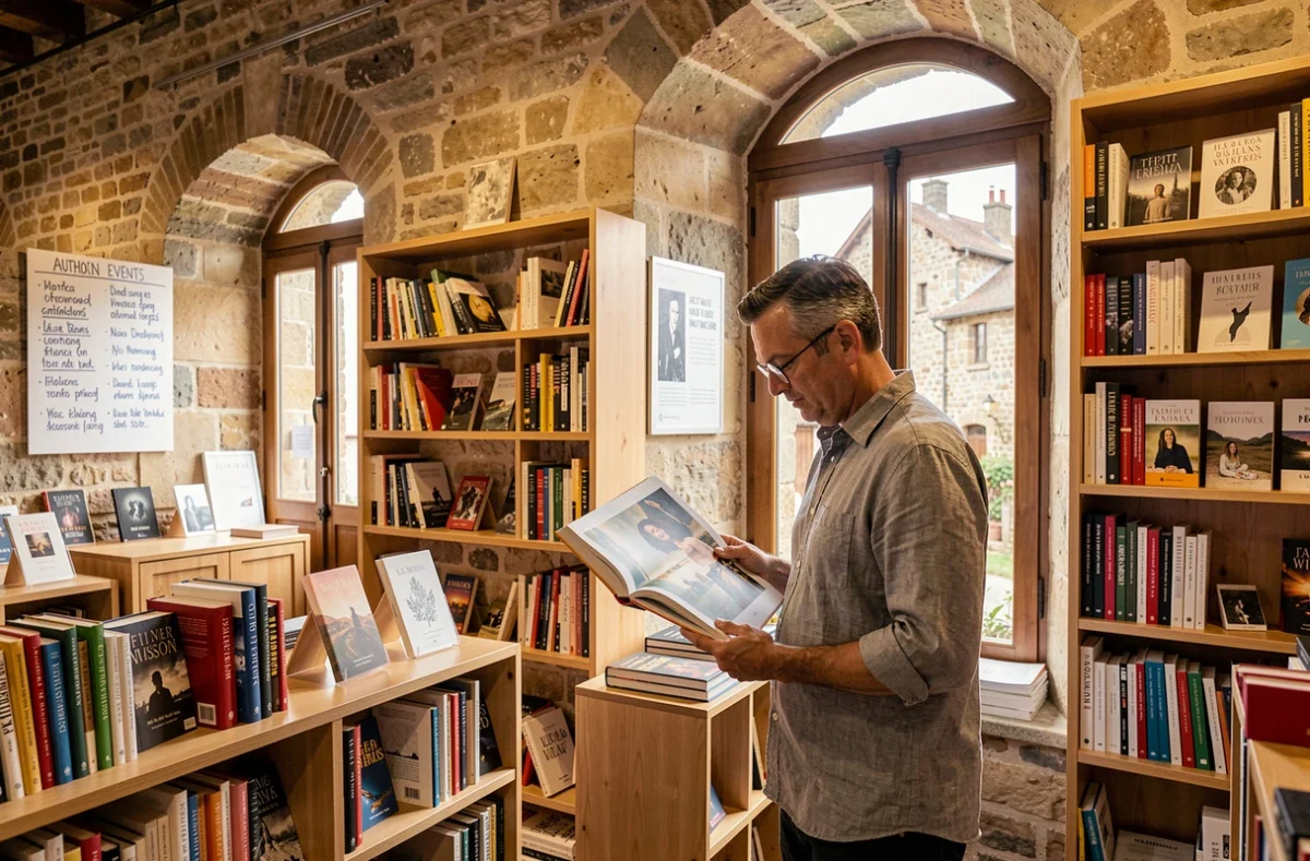 Client des Villes Invisibles à Clisson feuilletant un beau livre d'art dans une librairie aux murs en pierre et aux arcades médiévales