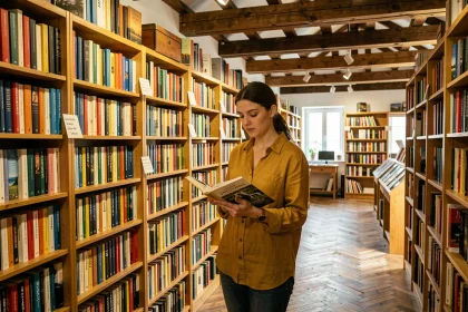 Intérieur chaleureux d'une librairie indépendante des Pays de la Loire avec des rayonnages chargés de livres colorés