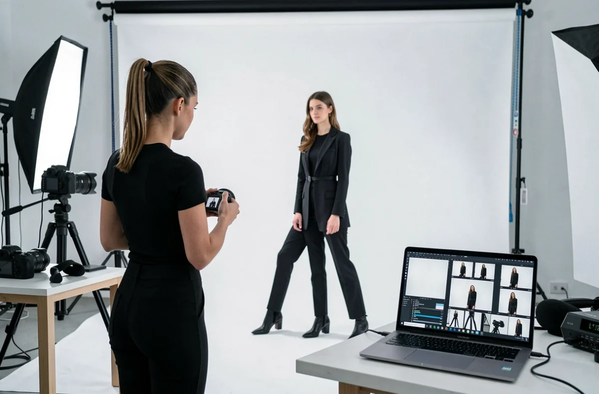 Photographe féminine en noir dirigeant un shooting sur fond blanc dans un studio photo minimaliste à Rennes – Lip Studio