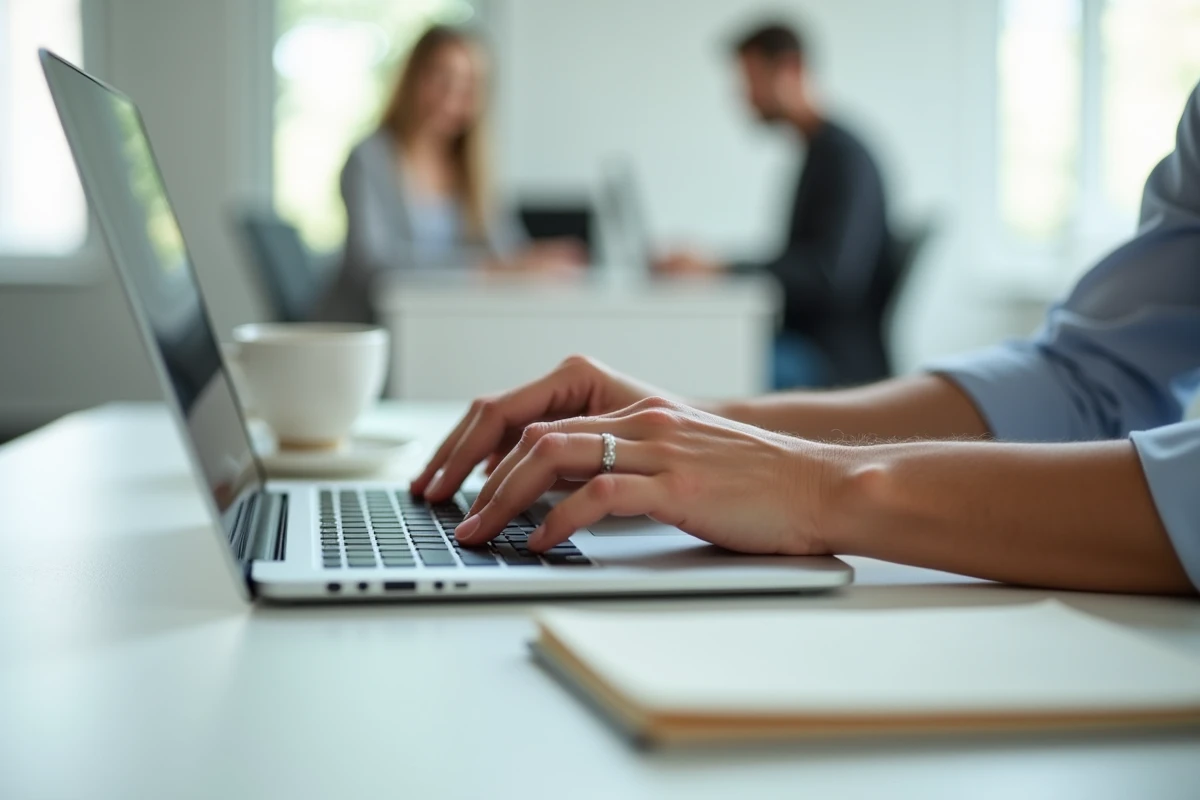 Mains tapant sur un ordinateur portable avec filtre de confidentialité, représentant la protection des données numériques