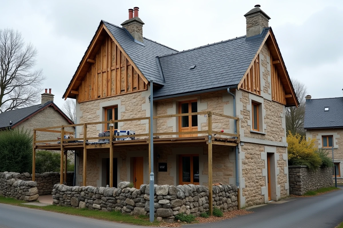 Maison en pierre en travaux de réfection de toiture avec échafaudage et ardoises neuves posées partiellement