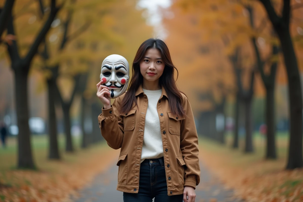 Jeune personne tenant un masque expressif à côté de son visage dans un parc automnal, symbolisant le double visage et le changement de comportement
