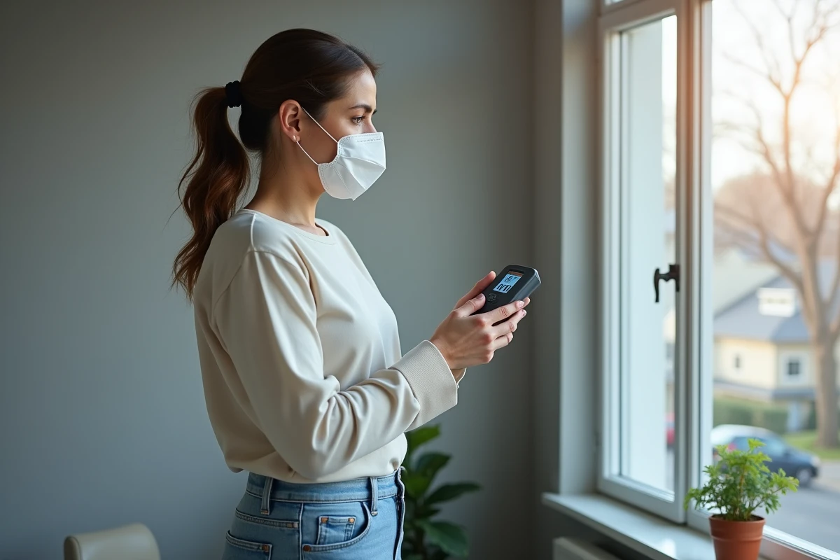 Femme mesurant la concentration de COV avec un détecteur de qualité d'air dans une pièce fraîchement peinte