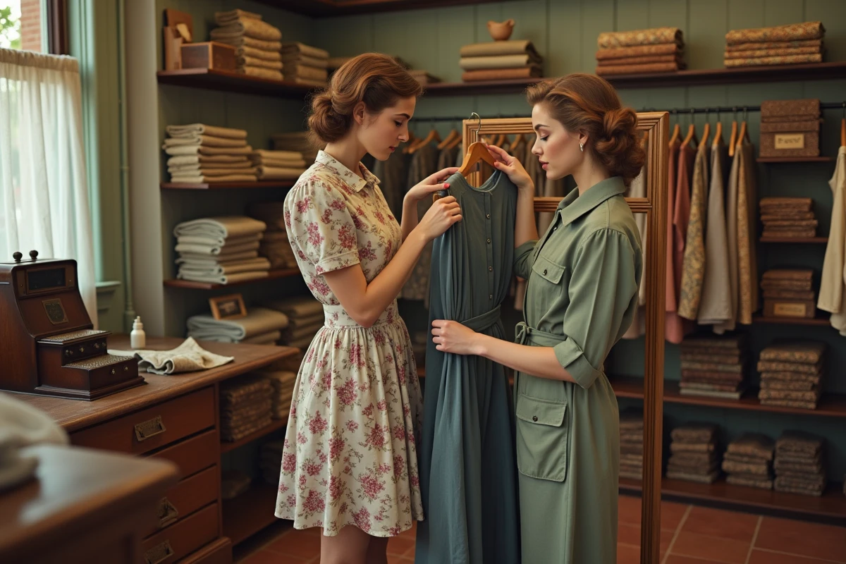 Deux femmes dans une boutique de tissu des années 1940 feuilletant des robes imprimées et des tenues utilitaires d'époque