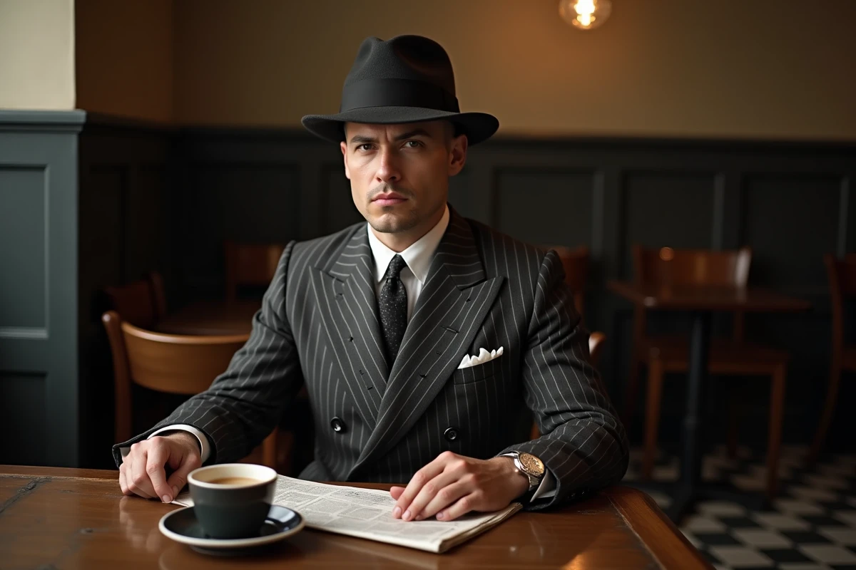 Homme élégant des années 1940 en costume rayé double boutonnage et chapeau fedora dans un café vintage