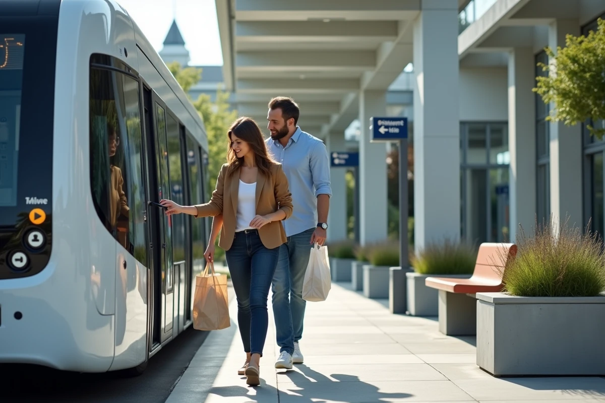 Deux personnes embarquant dans une navette autonome électrique dans un pôle multimodal suburbain, futur des transports en 2026