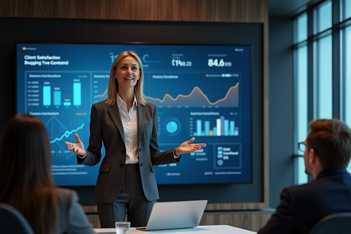 Cadre féminine présentant des indicateurs de performance client dans une salle de réunion, illustrant l'orientation externe de la gestion