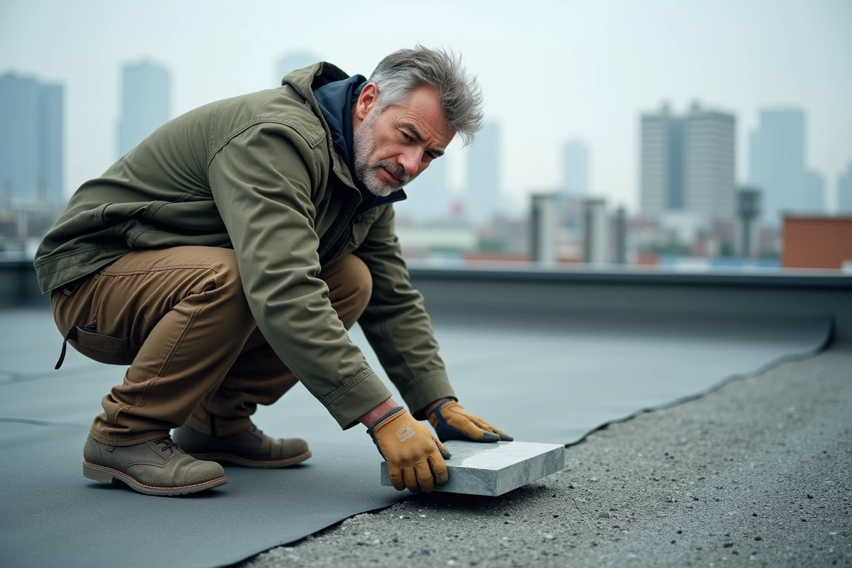 Ouvrier couvreur posant des pierres de lest sur une membrane d'étanchéité de toiture plate en milieu urbain