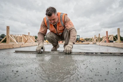 Ouvrier du bâtiment en train de régler l'épaisseur d'une dalle béton fraîchement coulée sur un chantier résidentiel