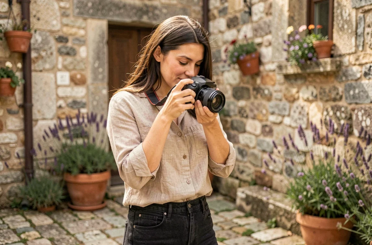 Photographe femme aux traits est-européens consultant son appareil photo dans une cour bretonne ensoleillée – Oxana Photography