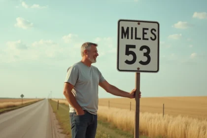 Homme debout près d'un panneau de signalisation indiquant des distances en miles et en kilomètres à un carrefour rural américain