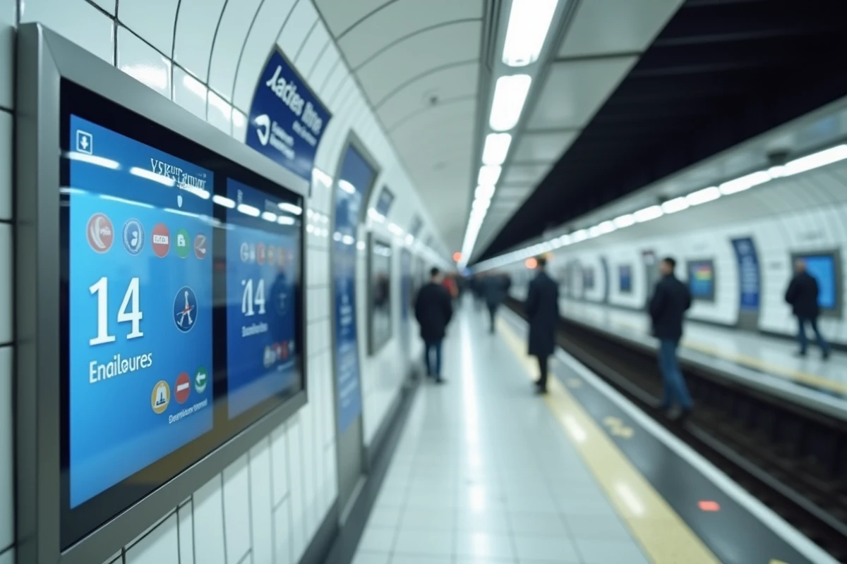 Écran d'affichage des temps de passage en temps réel sur le quai de la ligne 14 du métro parisien avec peu de voyageurs