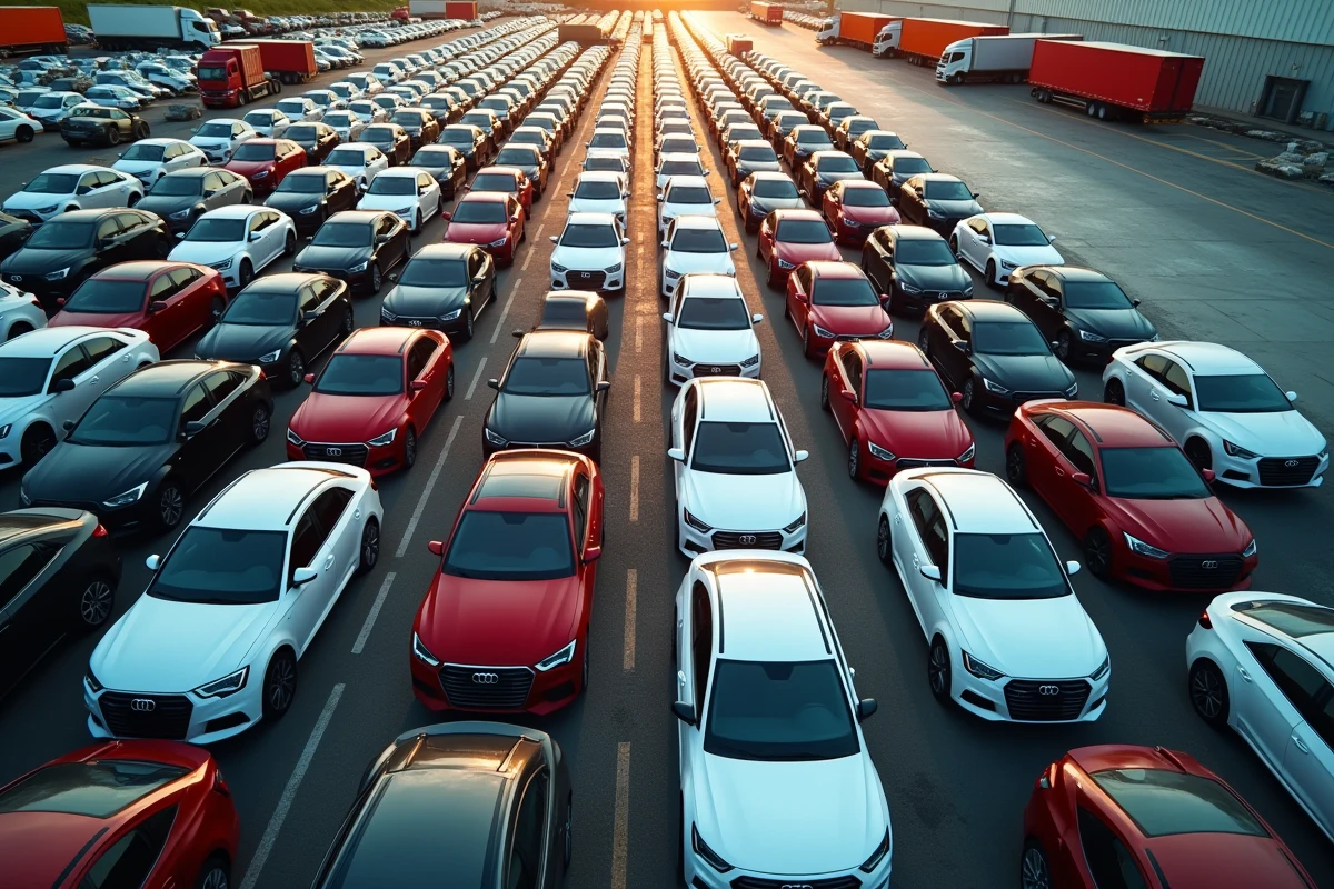 Vue aérienne d'un parc logistique automobile avec des rangées de véhicules neufs prêts à être livrés